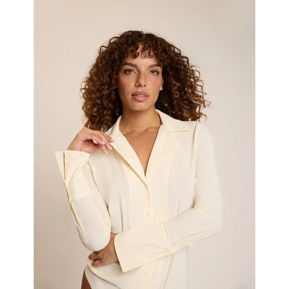 Commando Classic Blousey Button Down Bodysuit Women L Cream Long Sleeve